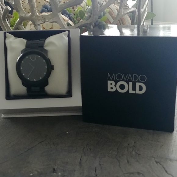 Movado Bold Men\'s Watch all black with diamond accents.  Brand new in box!